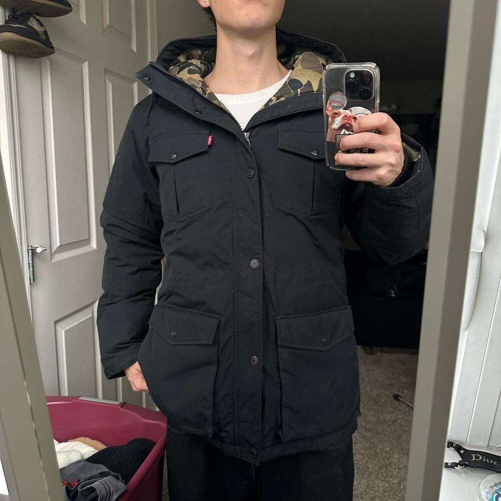Rare 00s Levi’s Black Camo Insulated Down Puffer Jacket Parka Coat - Picture 7 of 8